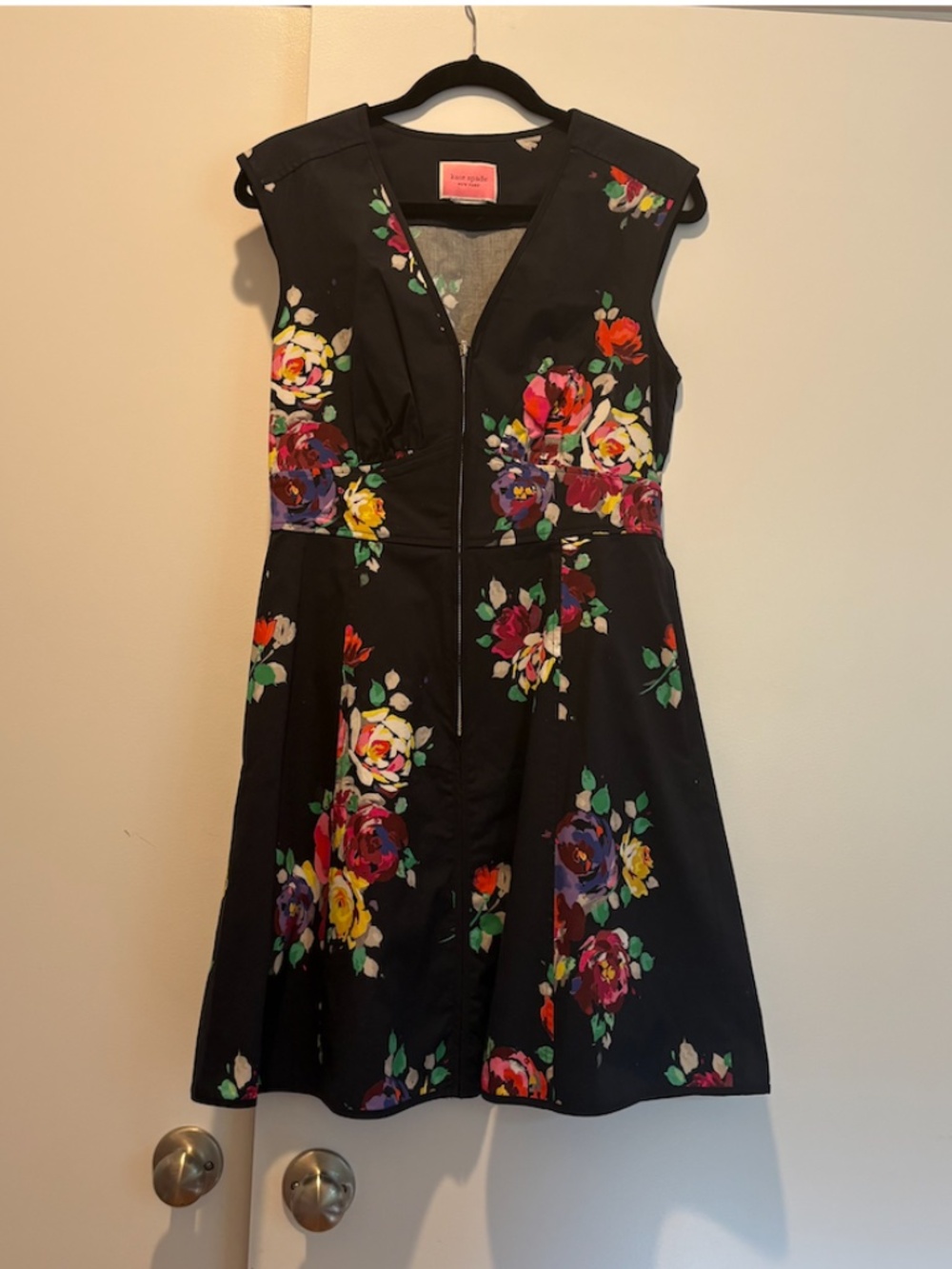 Kate Spade New York Black Floral Fit & Flare Dress Sleeveless Zip Front Size 6